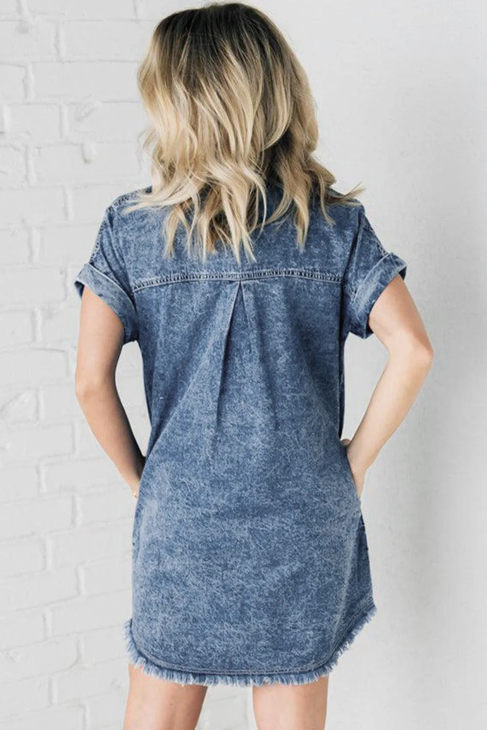 Blue Mineral Wash Cuffed Sleeve Frayed Hem Denim Dress sold by Beagle Boutique product image thumbnail 2