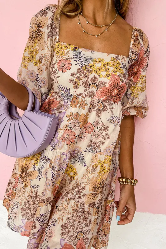 Khaki Floral Short Sleeve Square Neck Mini Dress sold by Beagle Boutique