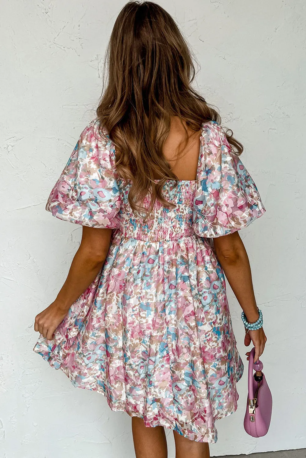 Pink Floral Puff Sleeve Square Neck Smock Ruffled Dress sold by Beagle Boutique product image thumbnail 2