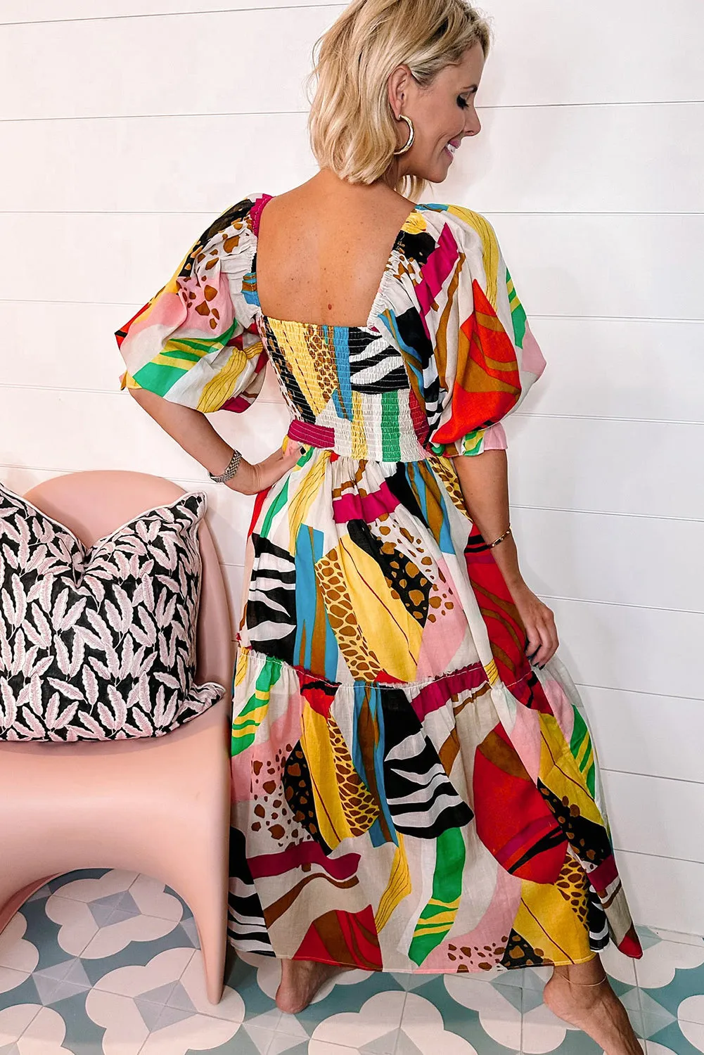 White Square Neck Smocked Abstract Print Boho Maxi Dress sold by Beagle Boutique product image thumbnail 2