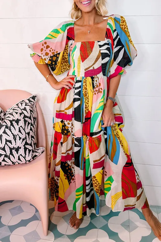 White Square Neck Smocked Abstract Print Boho Maxi Dress sold by Beagle Boutique
