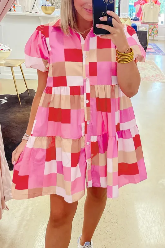 Pink Plaid Print Puff Sleeve Buttoned Tiered Dress sold by Beagle Boutique