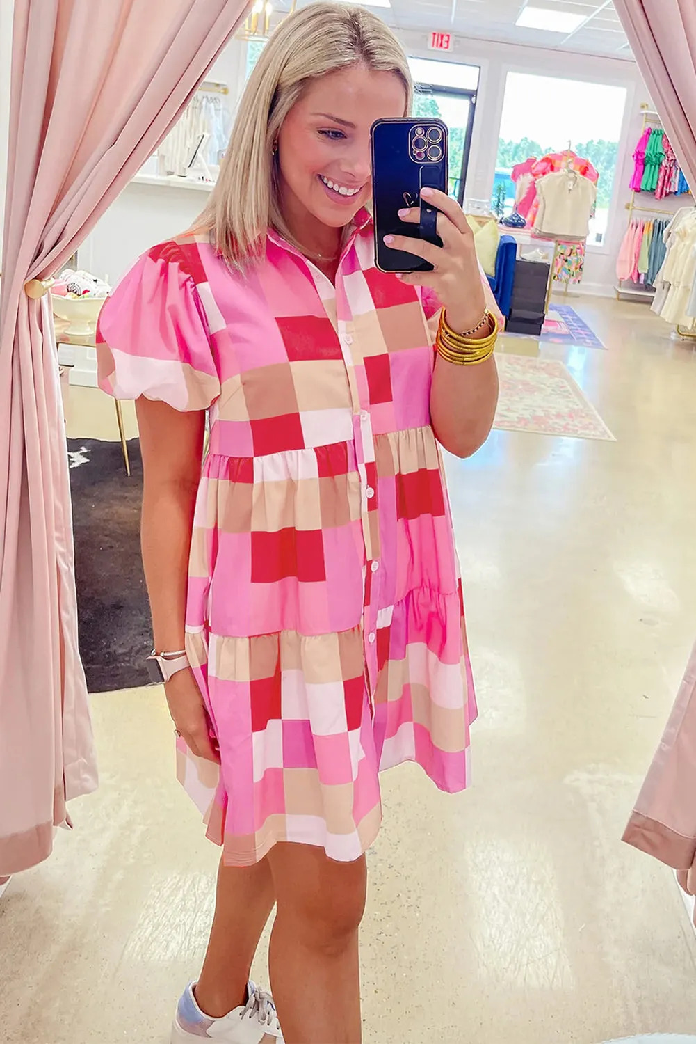 Pink Plaid Print Puff Sleeve Buttoned Tiered Dress sold by Beagle Boutique product image thumbnail 2