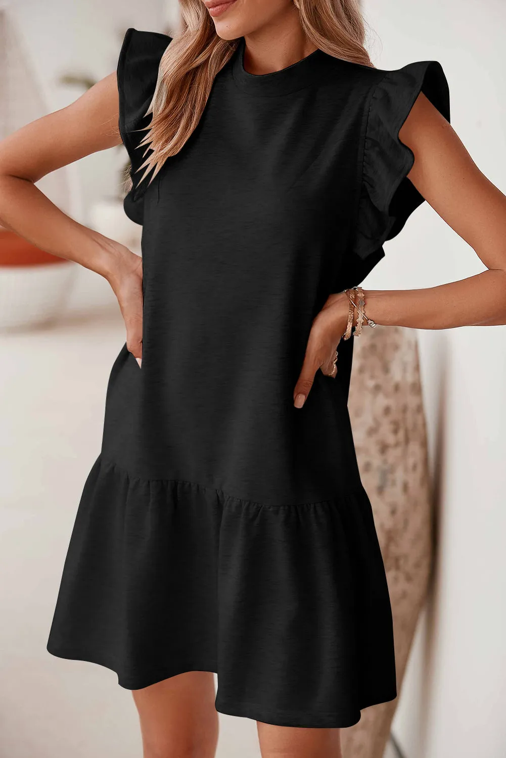 Black Flutter Sleeve Crew Neck Shift Dress sold by Beagle Boutique
