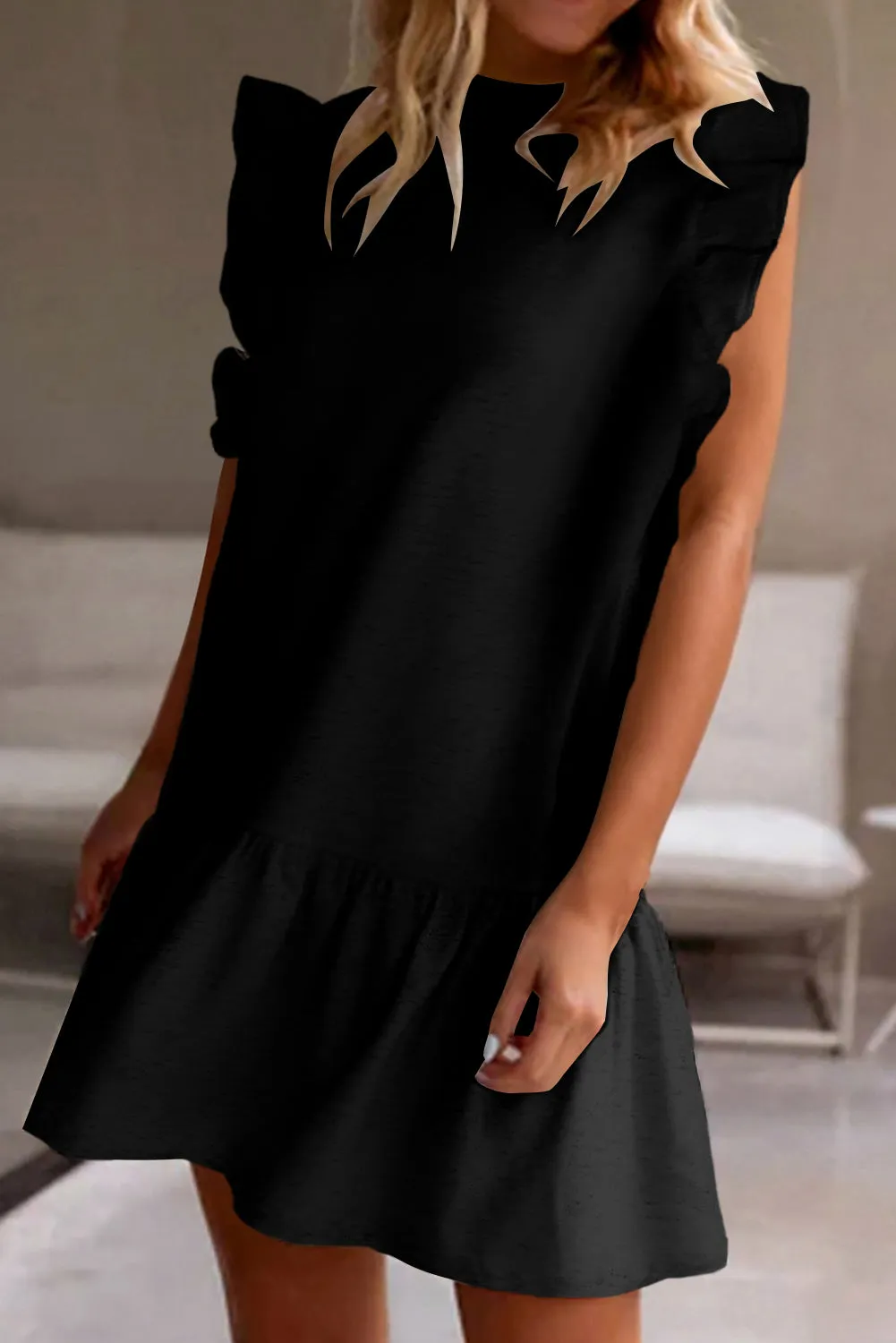 Black Flutter Sleeve Crew Neck Shift Dress sold by Beagle Boutique product image thumbnail 3