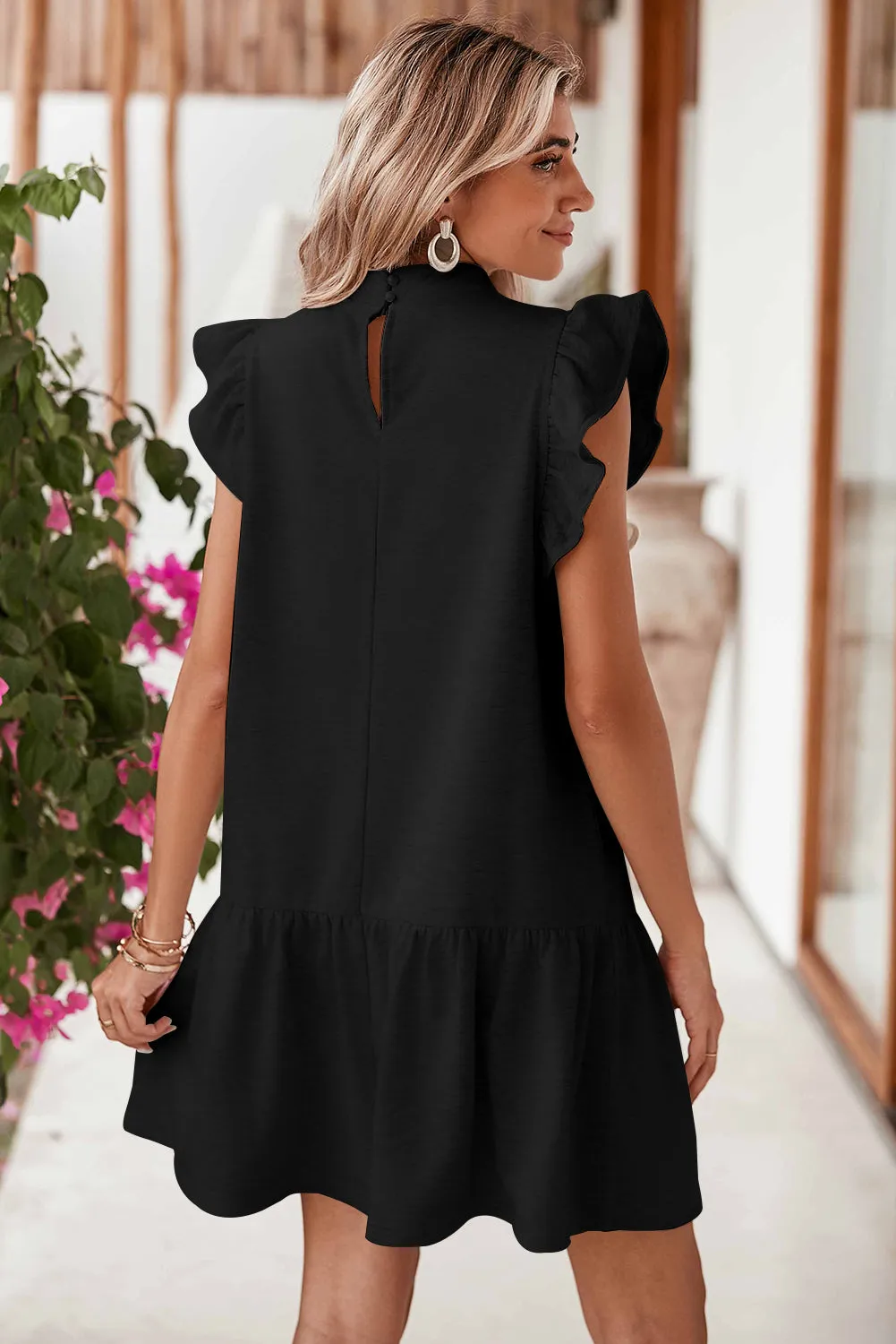 Black Flutter Sleeve Crew Neck Shift Dress sold by Beagle Boutique product image thumbnail 2