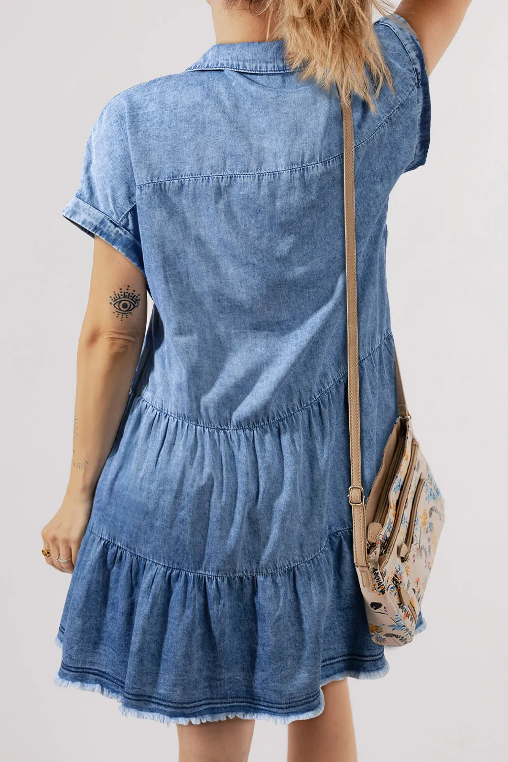 Sky Blue Acid Wash V Neck Tiered Denim Dress sold by Beagle Boutique product image thumbnail 2