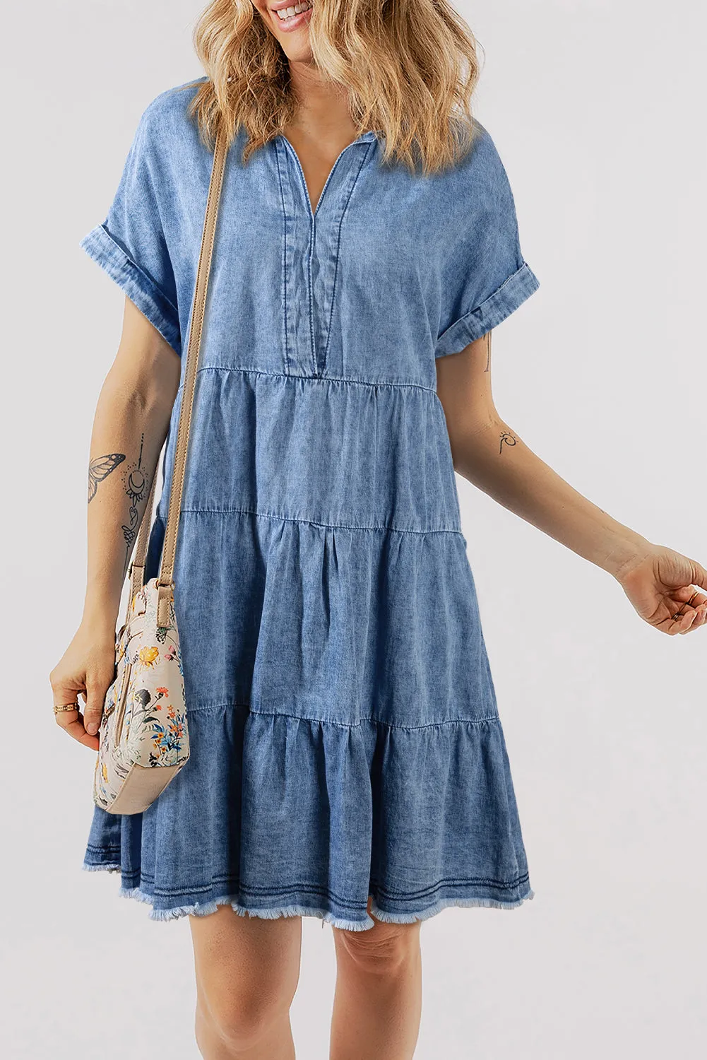 Sky Blue Acid Wash V Neck Tiered Denim Dress sold by Beagle Boutique
