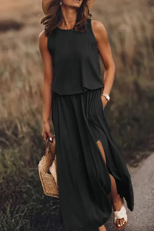Black Solid Sleeveless Tunic Maxi Dress with Split sold by Beagle Boutique
