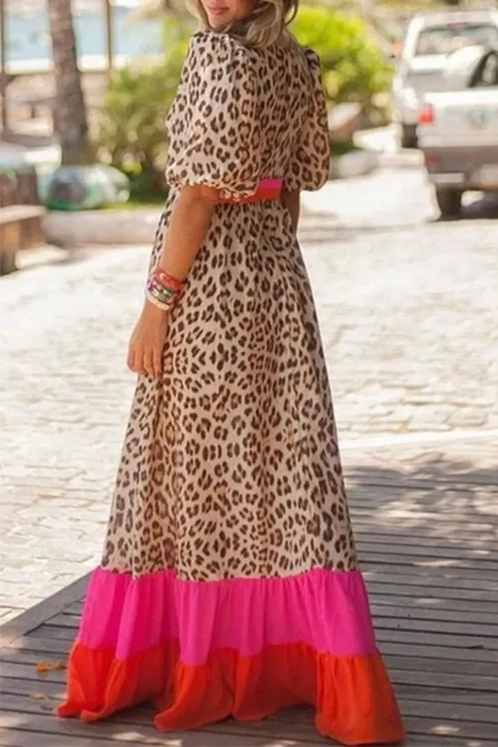 Bright Pink Leopard Colourblock Patchwork Bubble Sleeve Maxi Dress sold by Beagle Boutique product image thumbnail 2