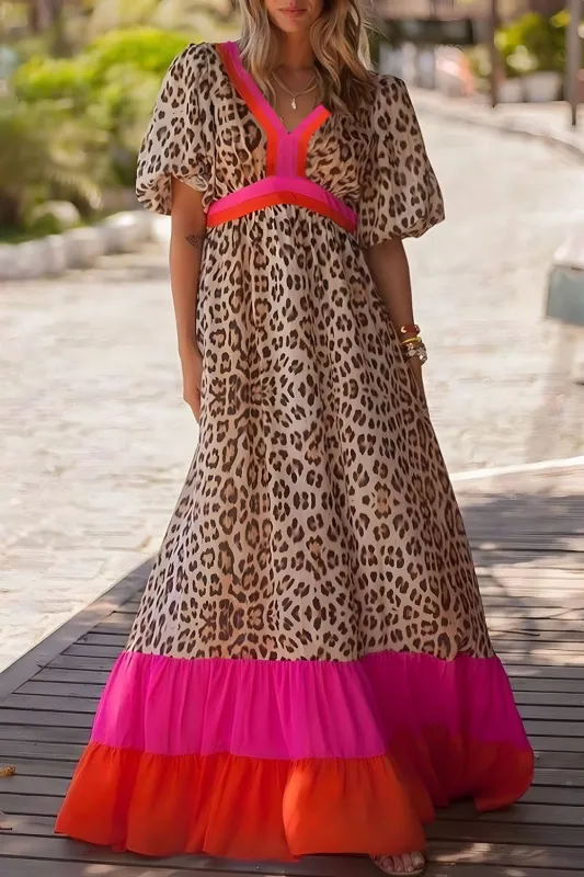 Bright Pink Leopard Colourblock Patchwork Bubble Sleeve Maxi Dress sold by Beagle Boutique