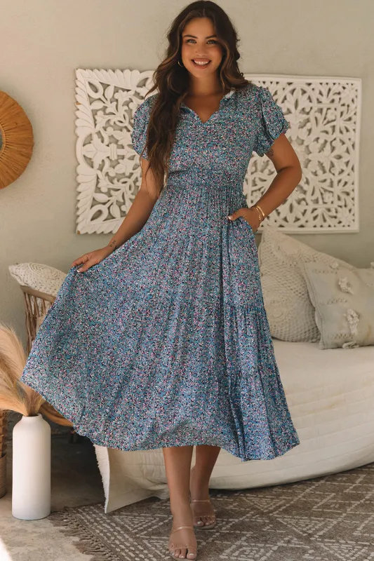 Blue Printed V Neck Shirred Short Puff Sleeve Maxi Dress sold by Beagle Boutique