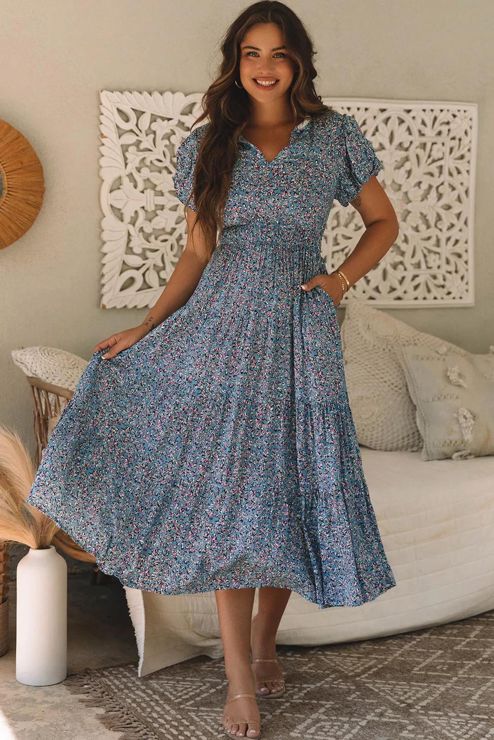 Blue Printed V Neck Shirred Short Puff Sleeve Maxi Dress sold by Beagle Boutique
