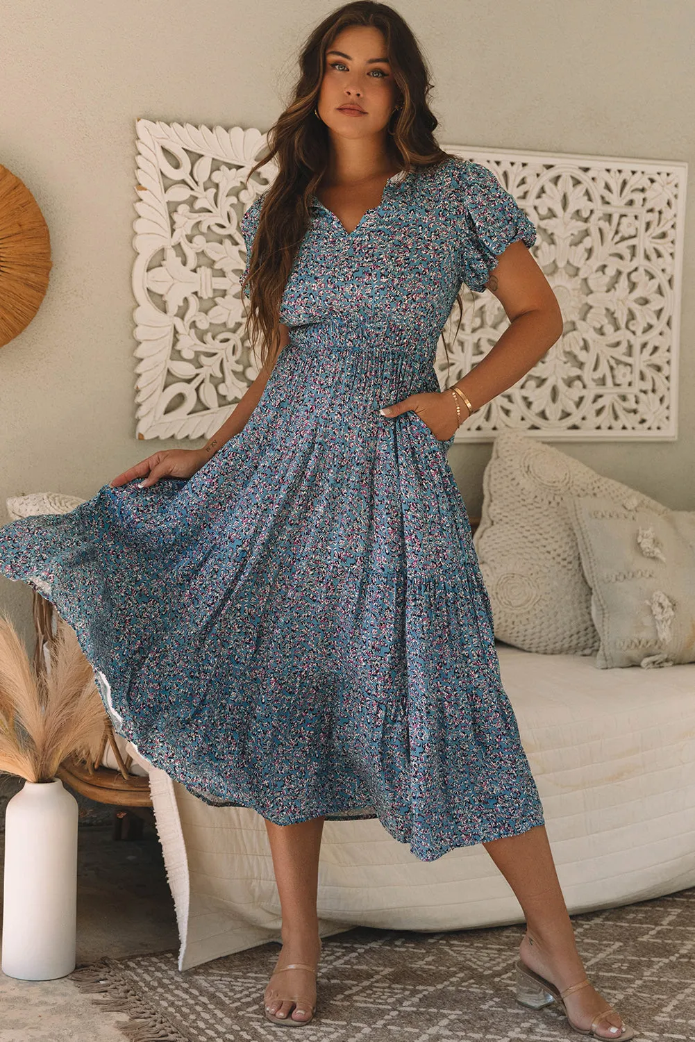 Blue Printed V Neck Shirred Short Puff Sleeve Maxi Dress sold by Beagle Boutique product image thumbnail 3