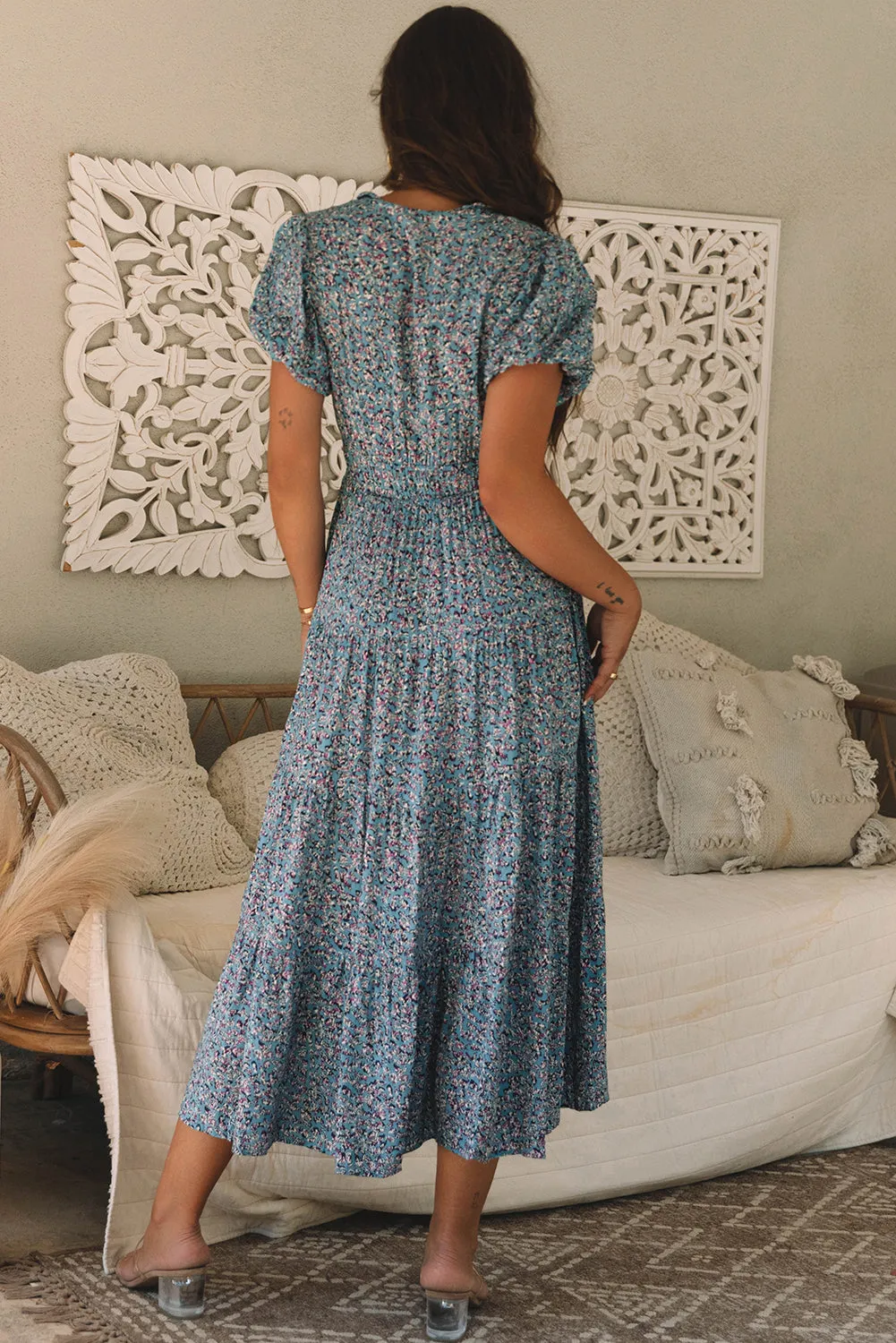 Blue Printed V Neck Shirred Short Puff Sleeve Maxi Dress sold by Beagle Boutique product image thumbnail 2