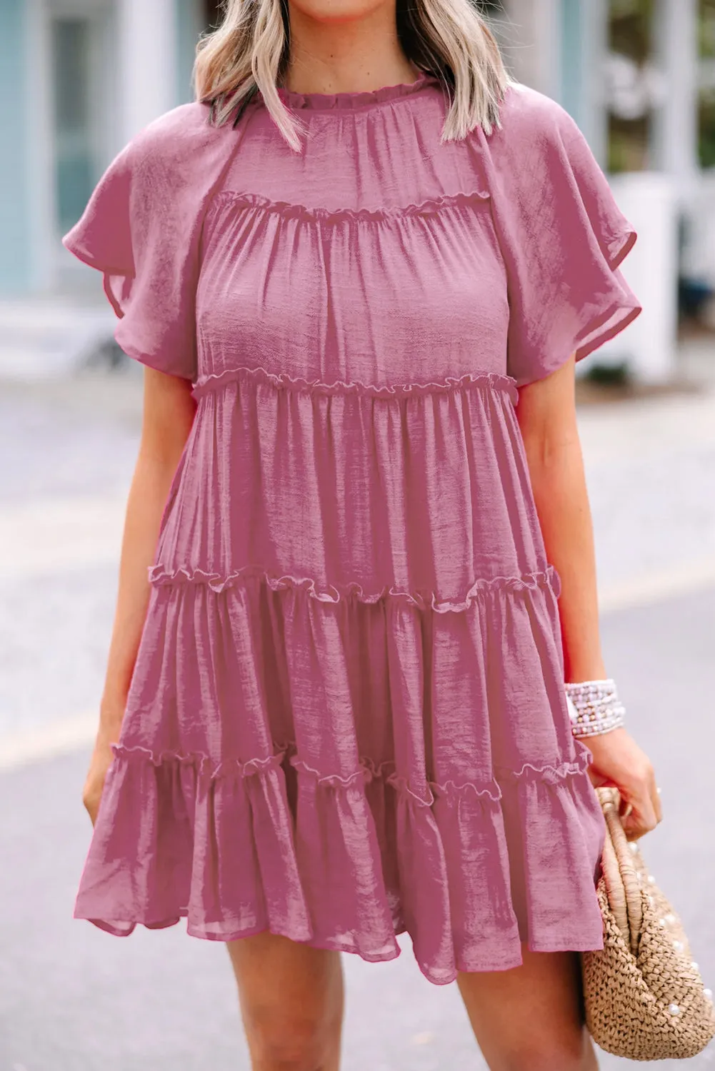 Rose Red Short Sleeve Tiered Frilly Mini Dress sold by Beagle Boutique