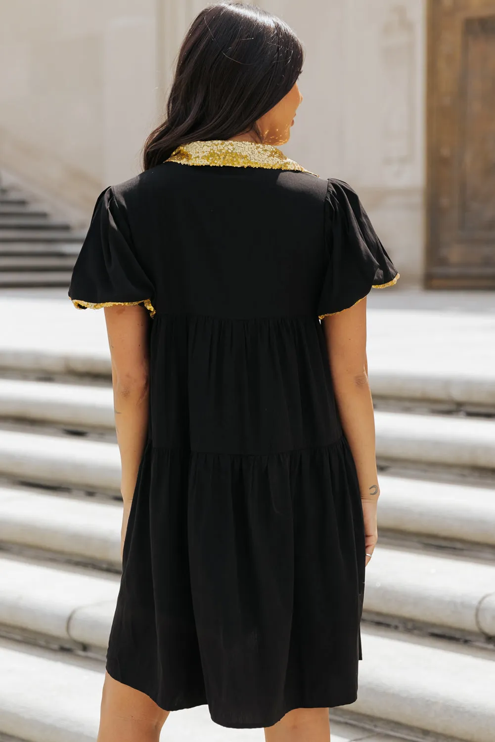 Black Sequin Trim Bubble Sleeve Game Day Shirt Dress sold by Beagle Boutique product image thumbnail 2