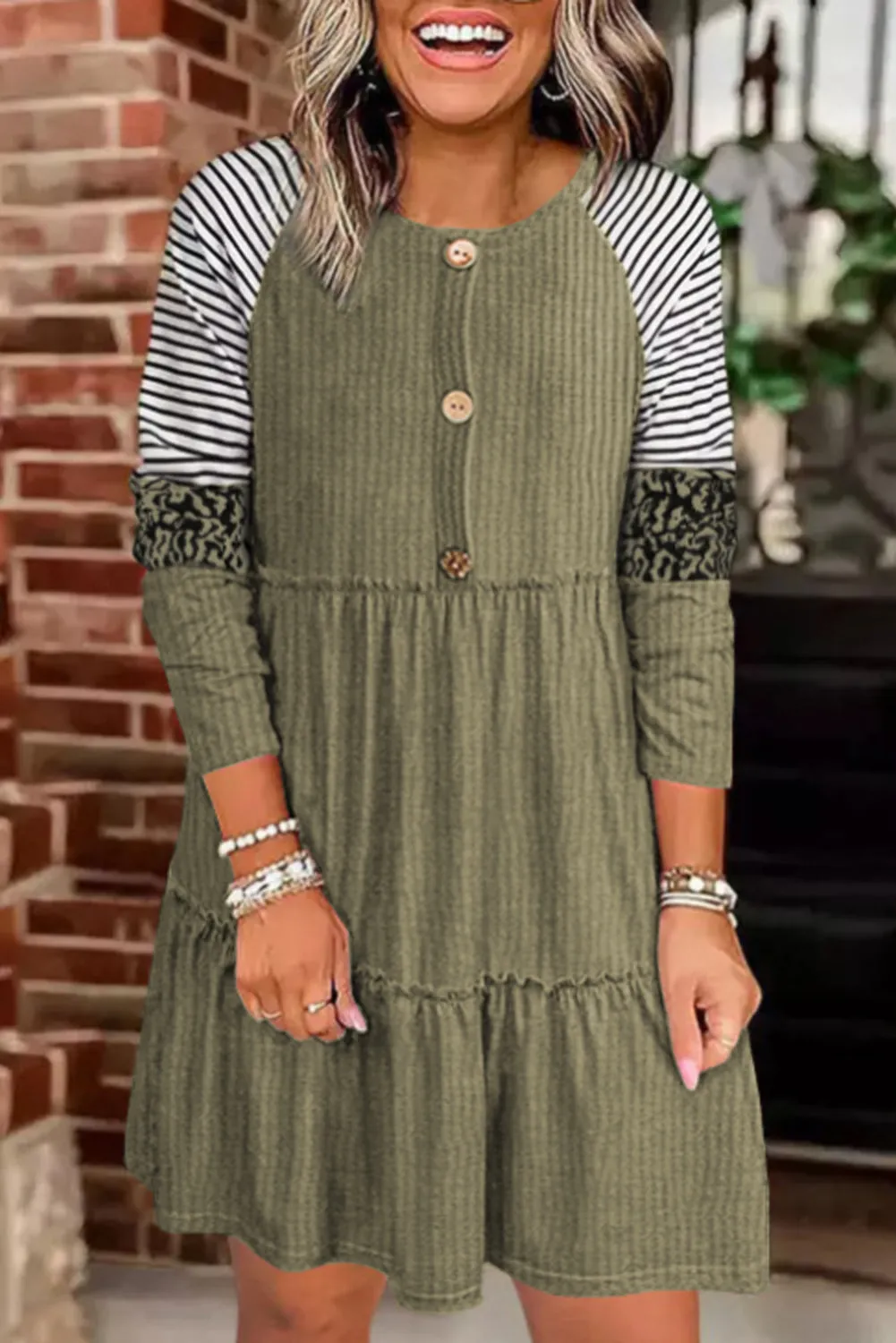 Multicolor Striped Leopard Raglan Sleeve Textured Dress sold by Beagle Boutique