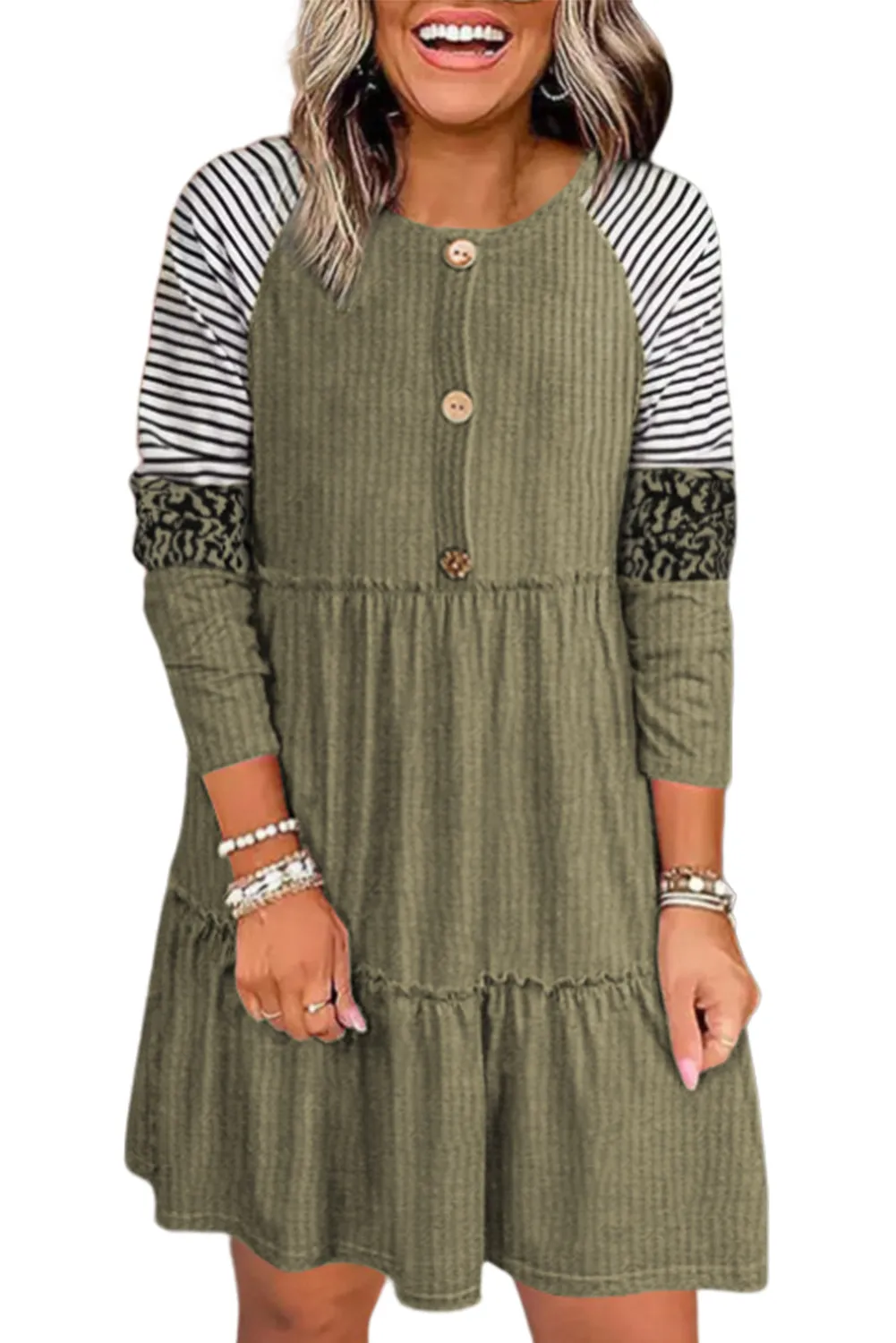 Multicolor Striped Leopard Raglan Sleeve Textured Dress sold by Beagle Boutique product image thumbnail 2