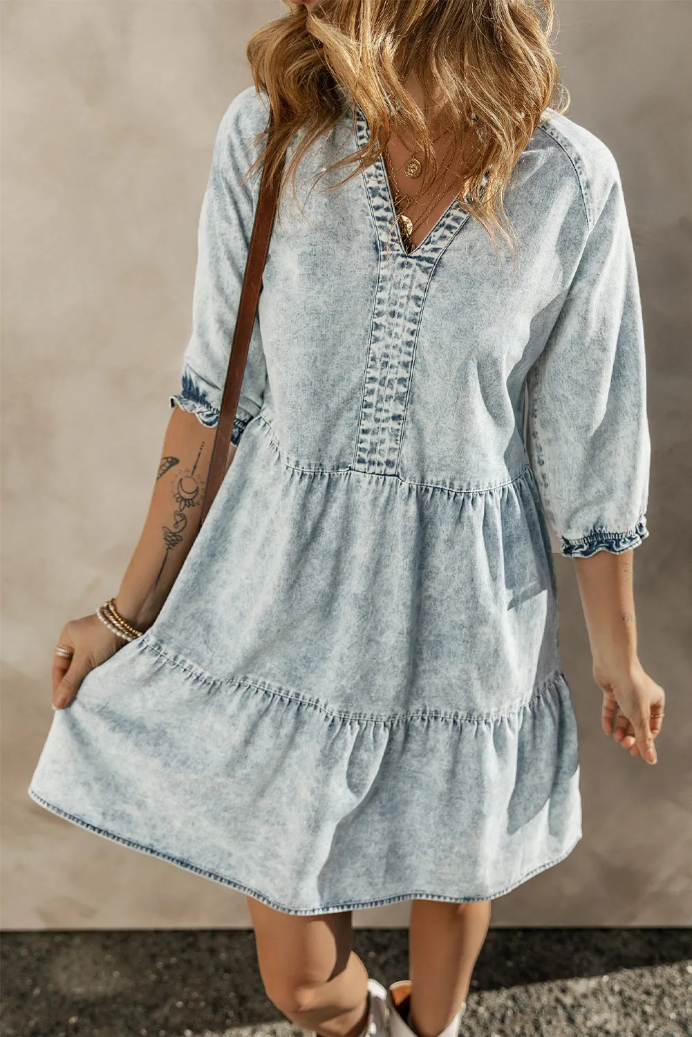 Dusk Blue Acid Wash Retro Half Sleeve Flared Denim Dress sold by Beagle Boutique product image thumbnail 3