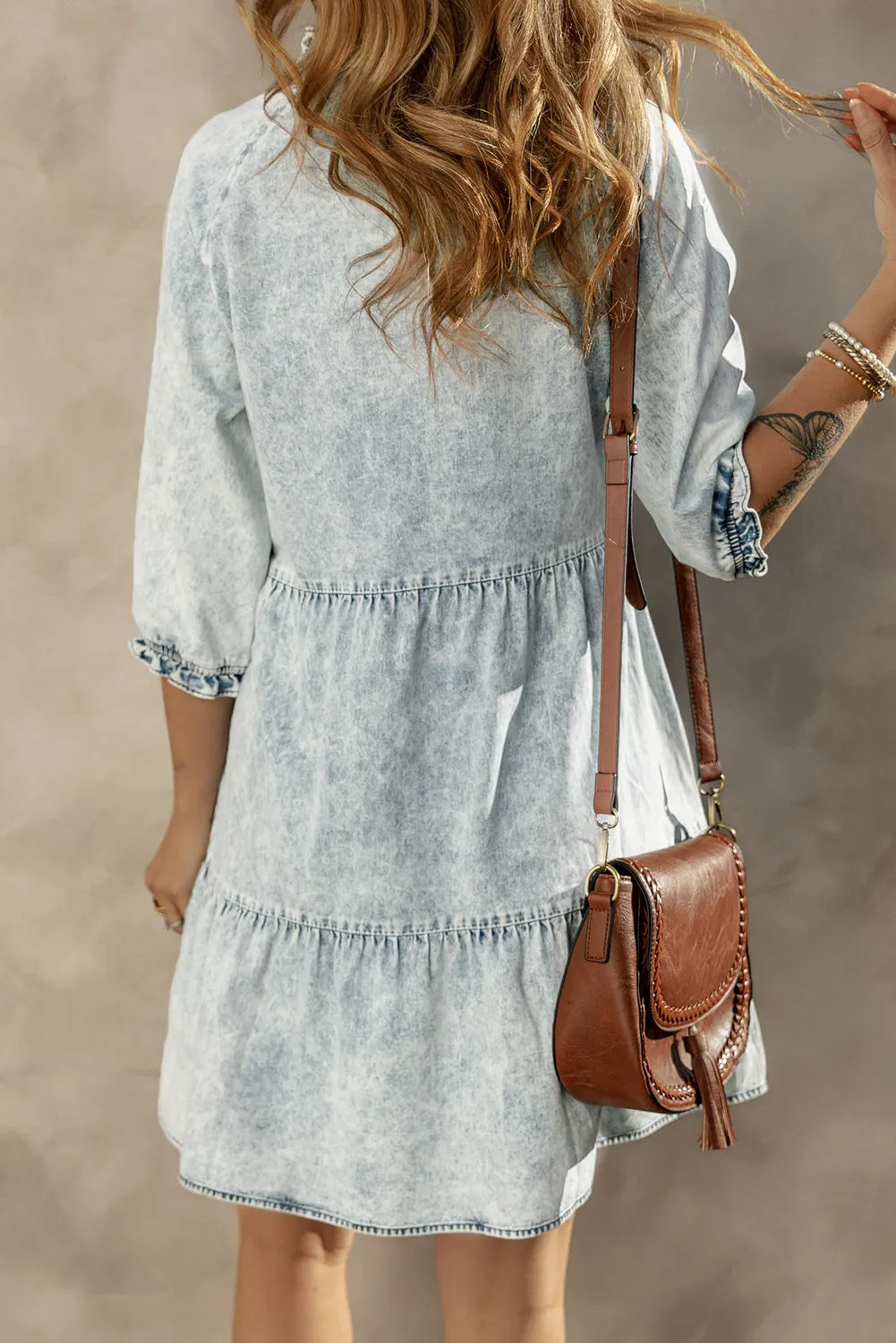 Dusk Blue Acid Wash Retro Half Sleeve Flared Denim Dress sold by Beagle Boutique product image thumbnail 2