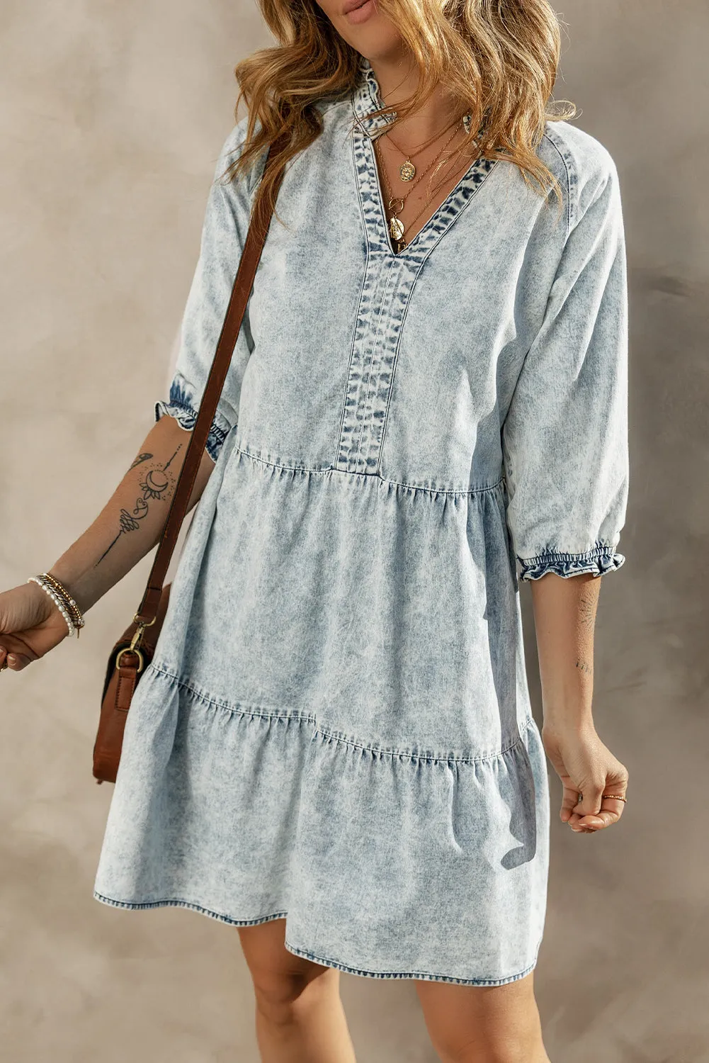 Dusk Blue Acid Wash Retro Half Sleeve Flared Denim Dress sold by Beagle Boutique