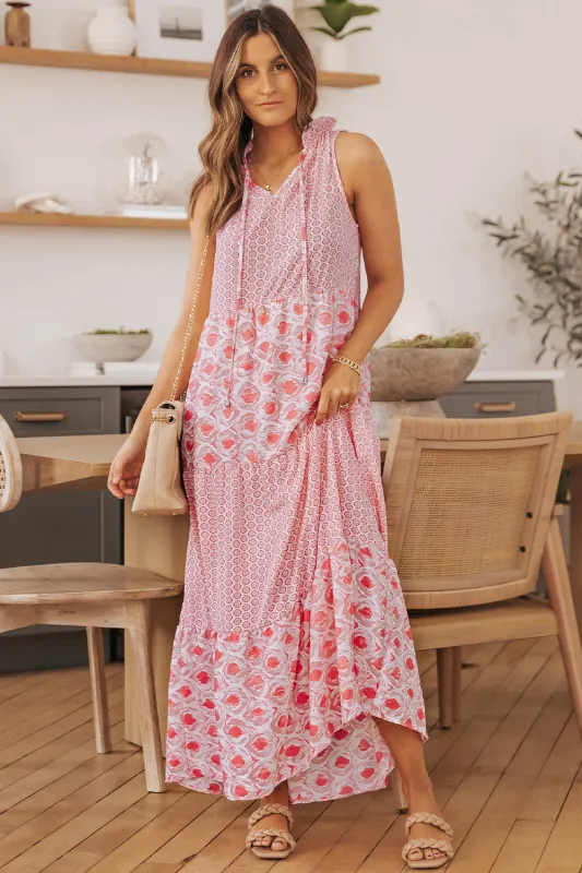 Pink Abstract Print Split Neck Sleeveless Maxi Dress sold by Beagle Boutique