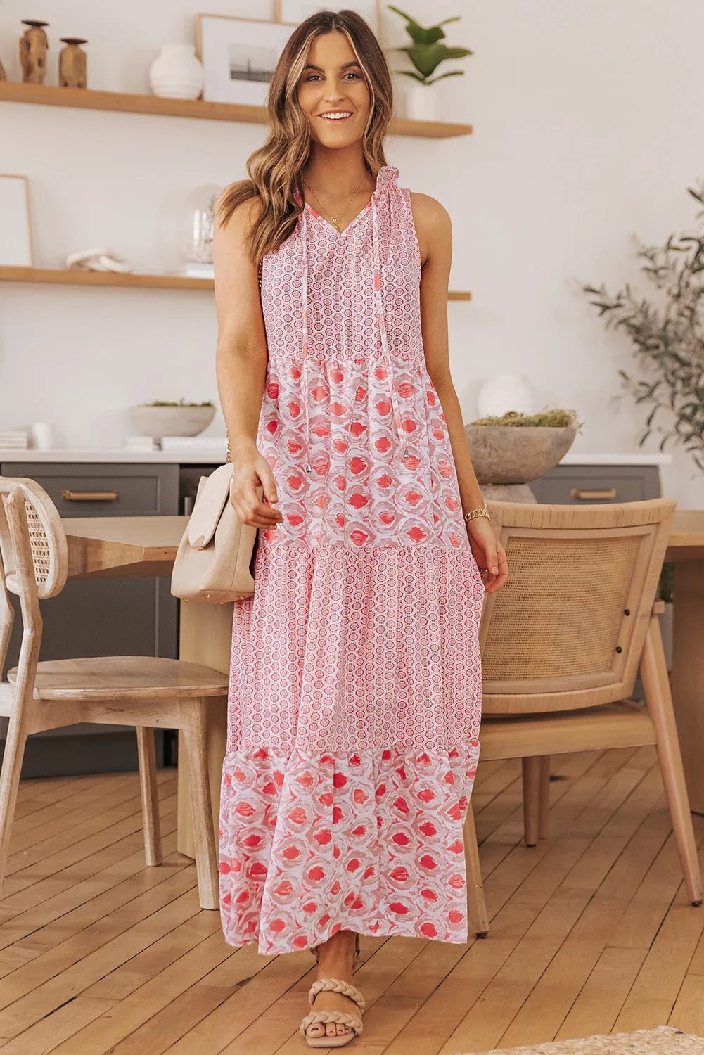 Pink Abstract Print Split Neck Sleeveless Maxi Dress sold by Beagle Boutique product image thumbnail 3
