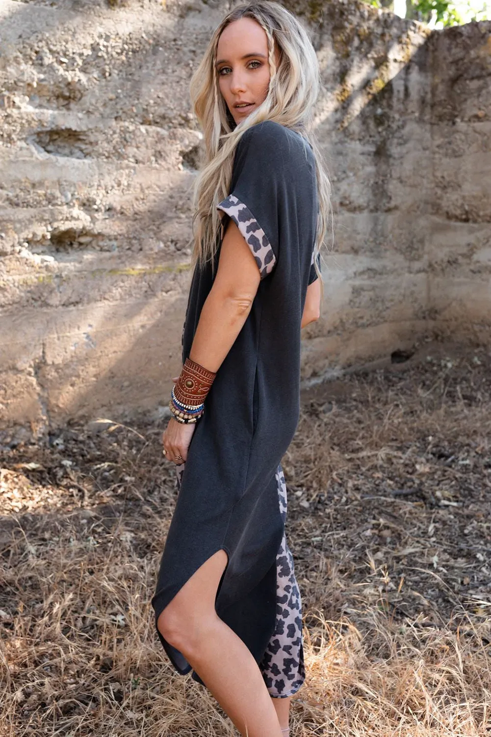Black Contrast Solid Leopard Short Sleeve T-shirt Dress with Slits sold by Beagle Boutique product image thumbnail 3