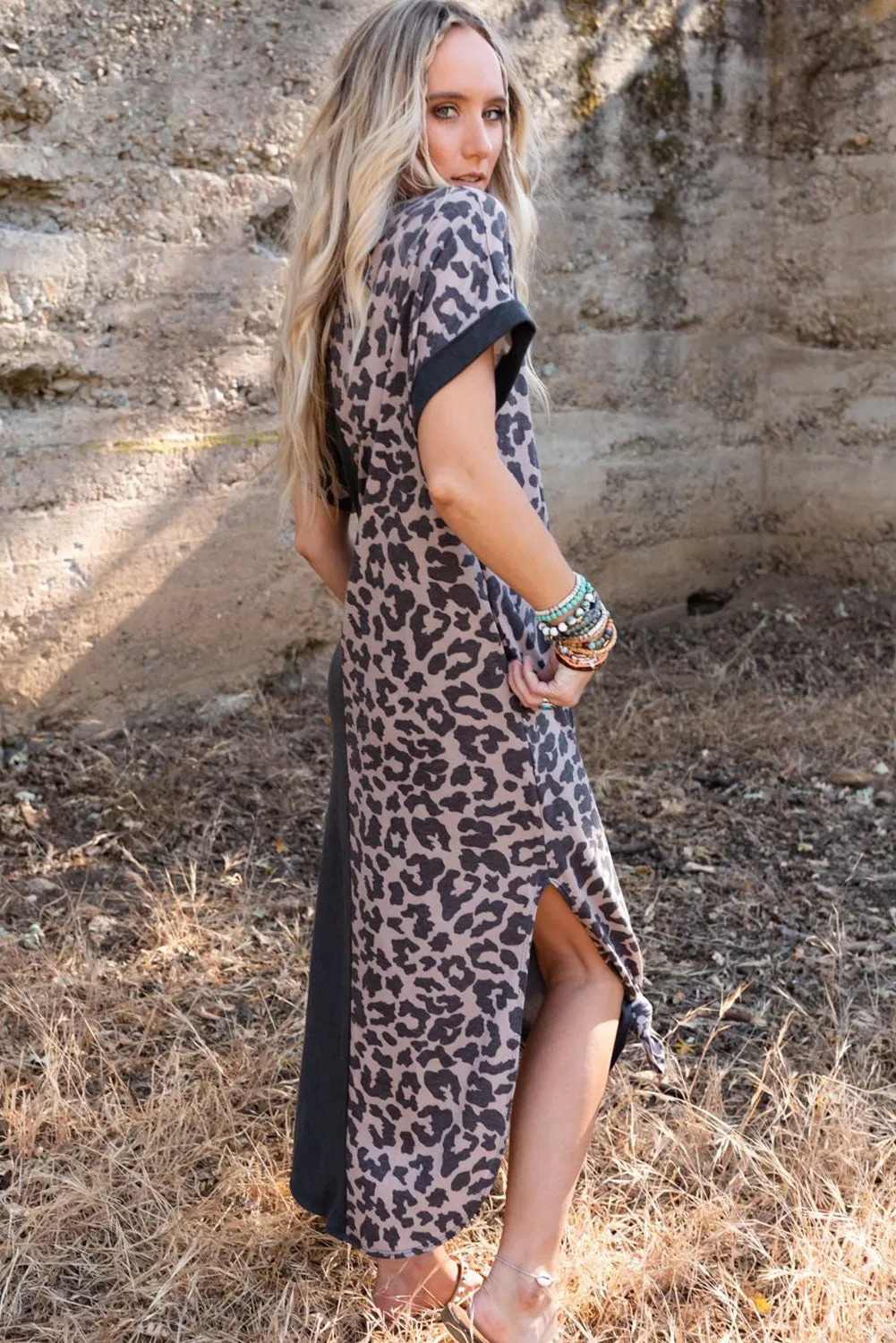 Black Contrast Solid Leopard Short Sleeve T-shirt Dress with Slits sold by Beagle Boutique product image thumbnail 2
