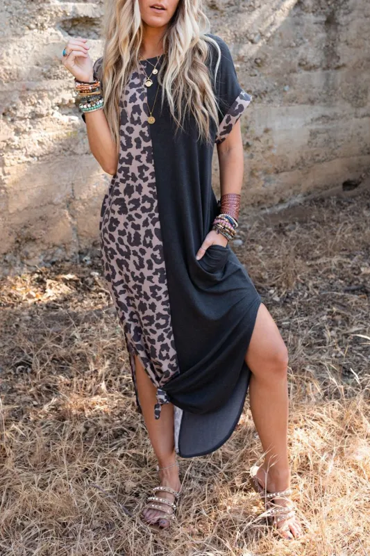 Black Contrast Solid Leopard Short Sleeve T-shirt Dress with Slits sold by Beagle Boutique