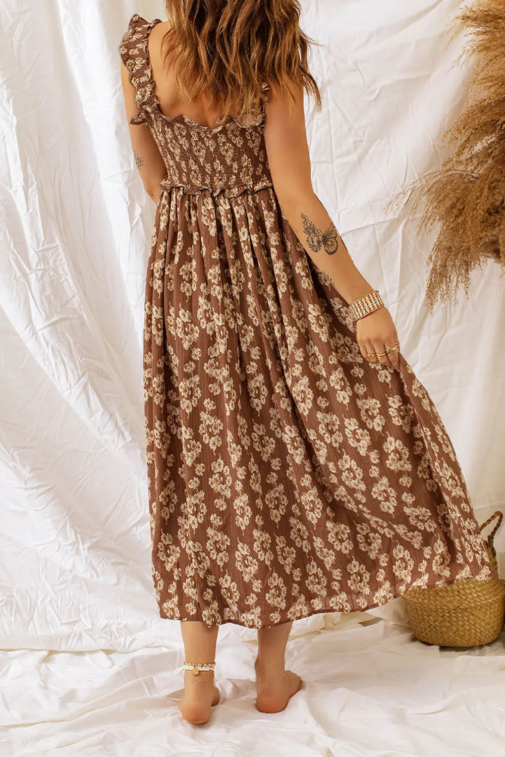 Brown Ruffled Straps Smocked Floral Maxi Dress sold by Beagle Boutique product image thumbnail 2