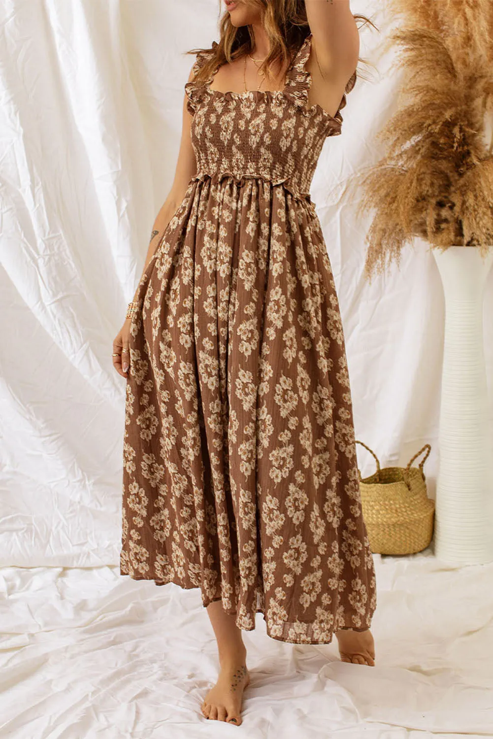 Brown Ruffled Straps Smocked Floral Maxi Dress sold by Beagle Boutique product image thumbnail 3