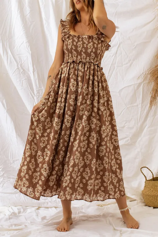 Brown Ruffled Straps Smocked Floral Maxi Dress sold by Beagle Boutique