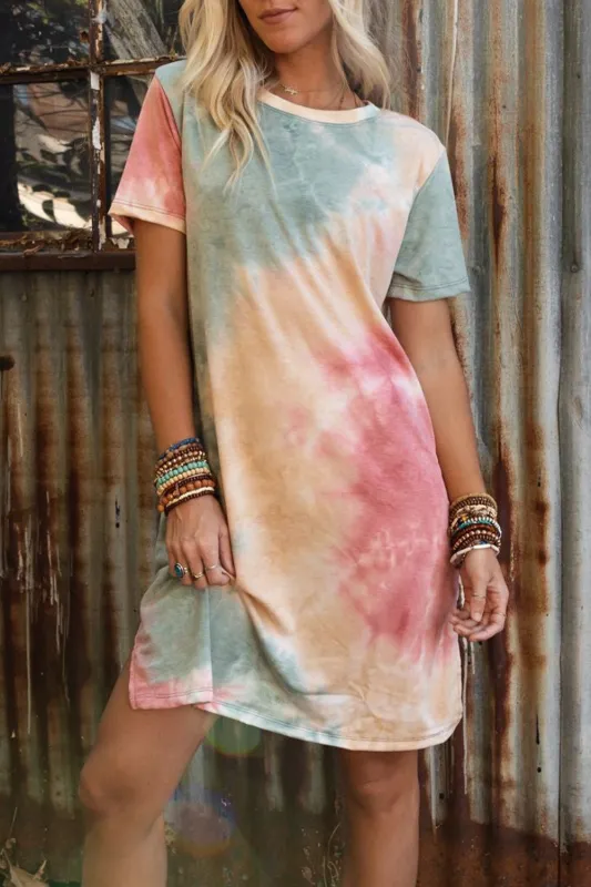 Multicolor Tie Dye Oversized Slit Tee Dress sold by Beagle Boutique