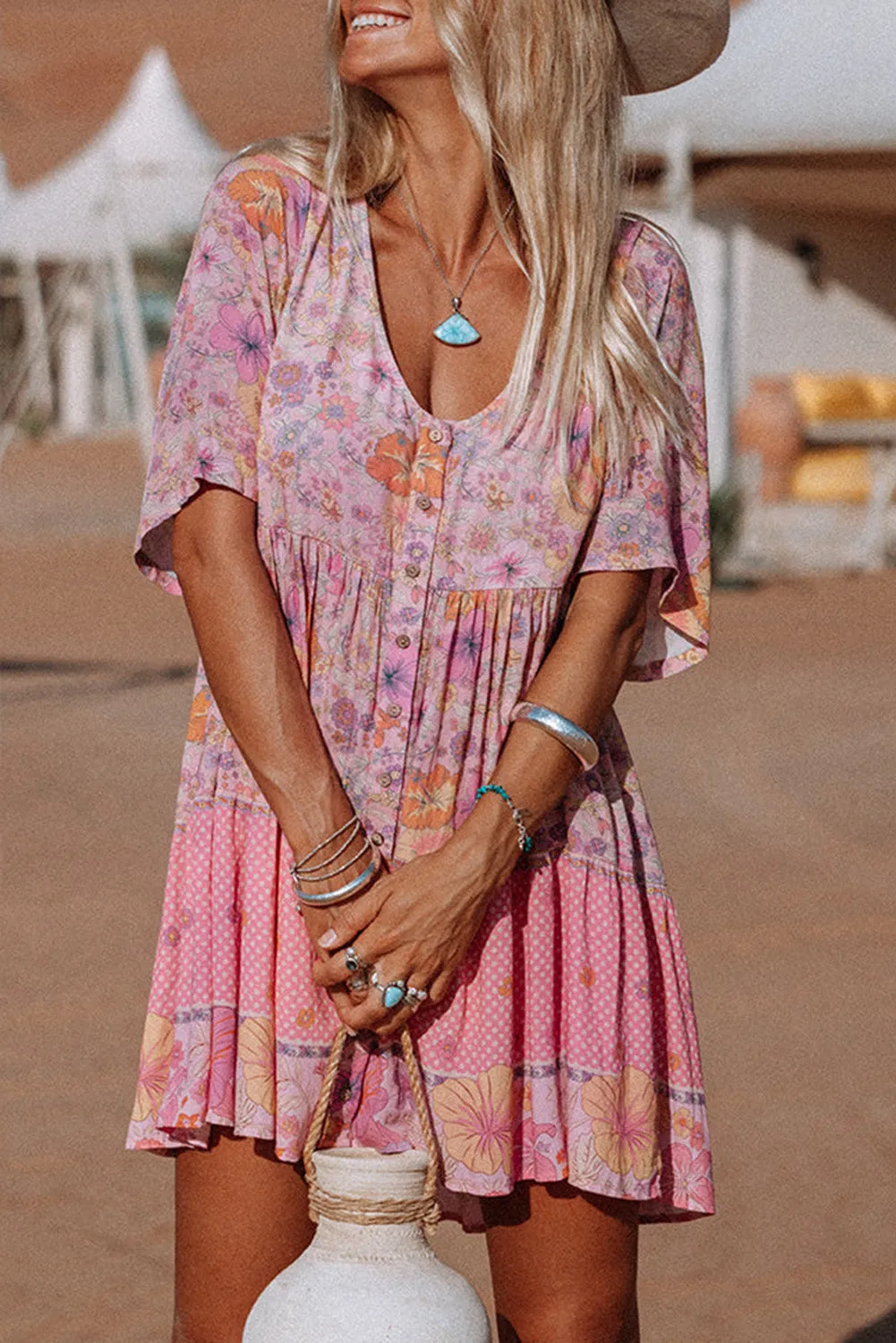 Multicolor Hibiscus Floral Print Ruffle Mini Dress sold by Beagle Boutique