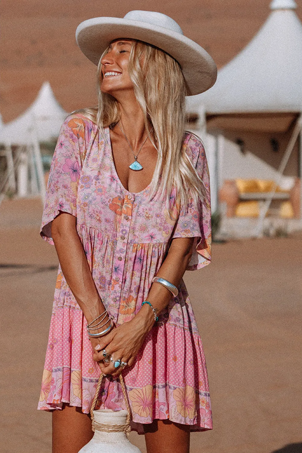 Multicolor Hibiscus Floral Print Ruffle Mini Dress sold by Beagle Boutique product image thumbnail 2