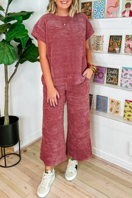 Rose Pink Mineral Wash Corduroy Short Sleeve and Crop Pants Set sold by Beagle Boutique