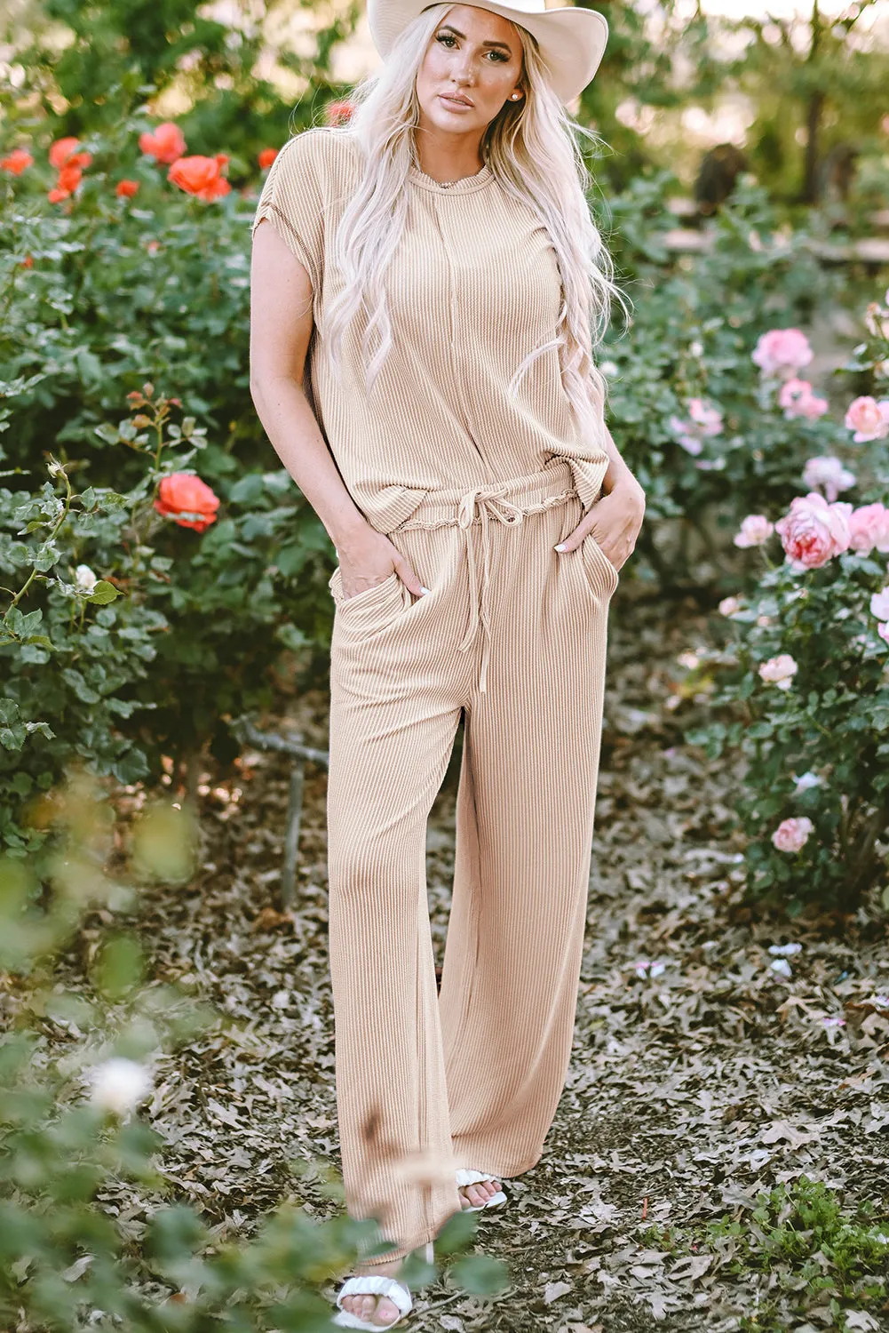 Parchment Exposed Seam Ribbed Tee and Pants Two-piece Outfit sold by Beagle Boutique product image thumbnail 3