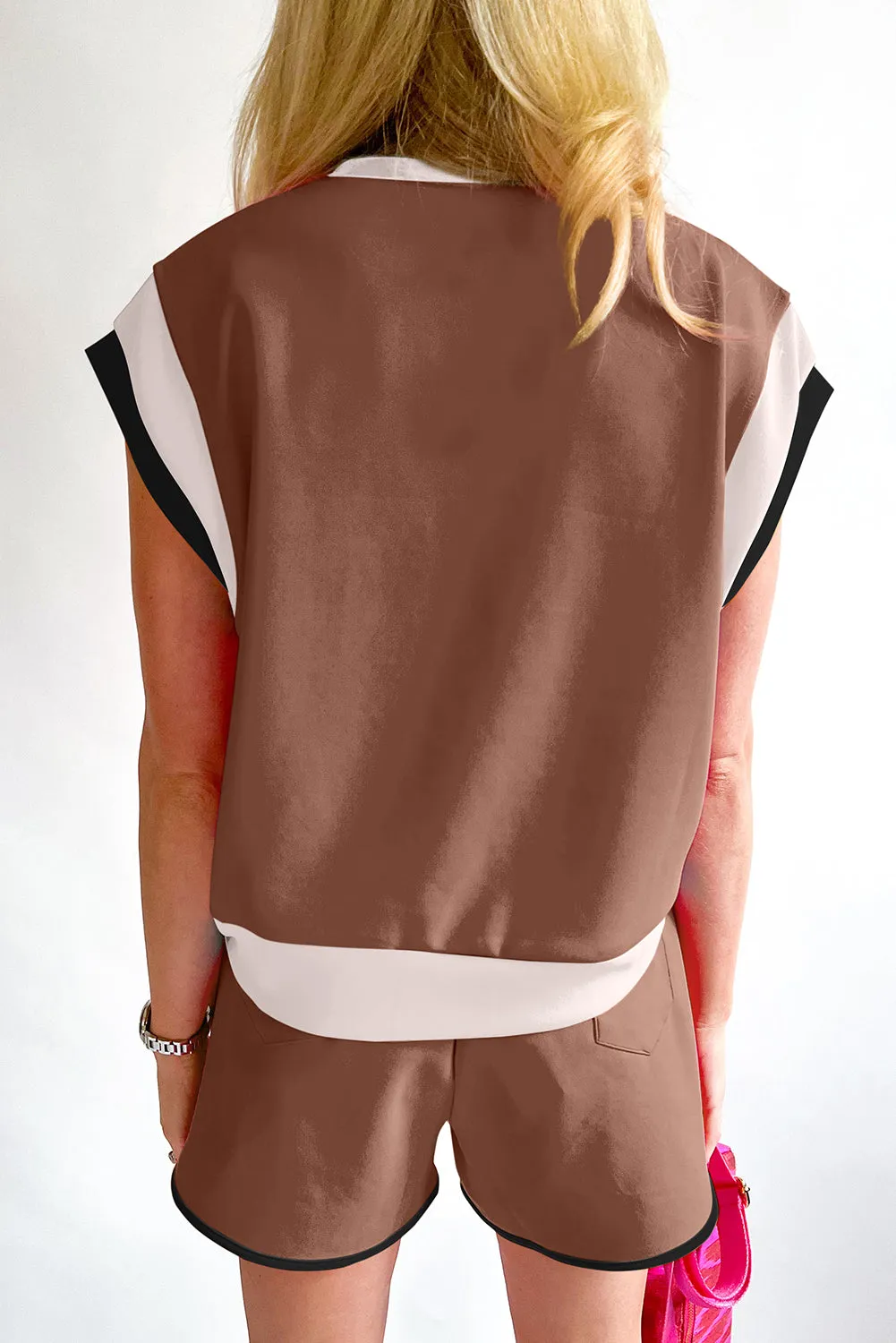 Coffee Contrast Trim Cap Sleeve Tee Shorts Set sold by Beagle Boutique product image thumbnail 2