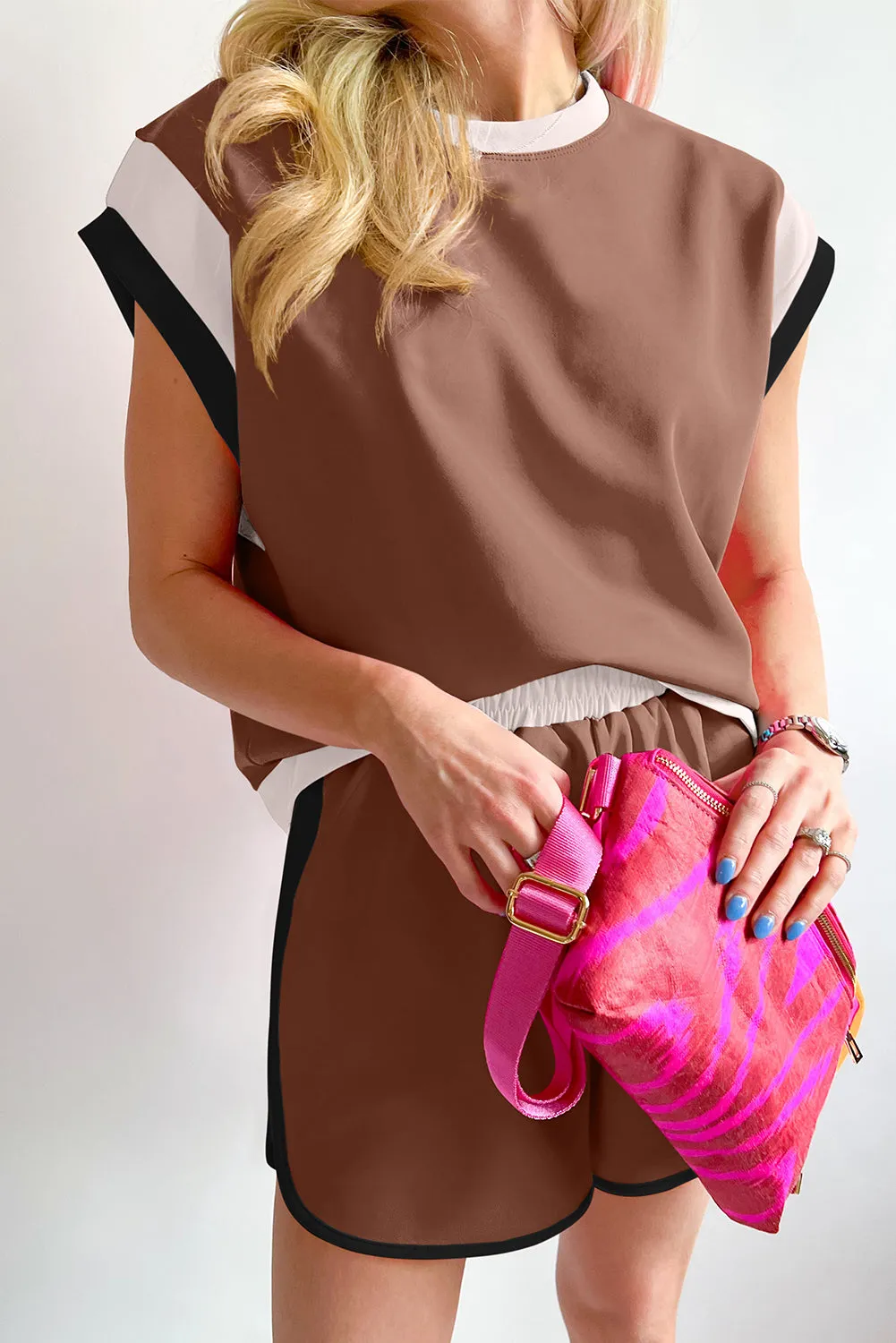 Coffee Contrast Trim Cap Sleeve Tee Shorts Set sold by Beagle Boutique