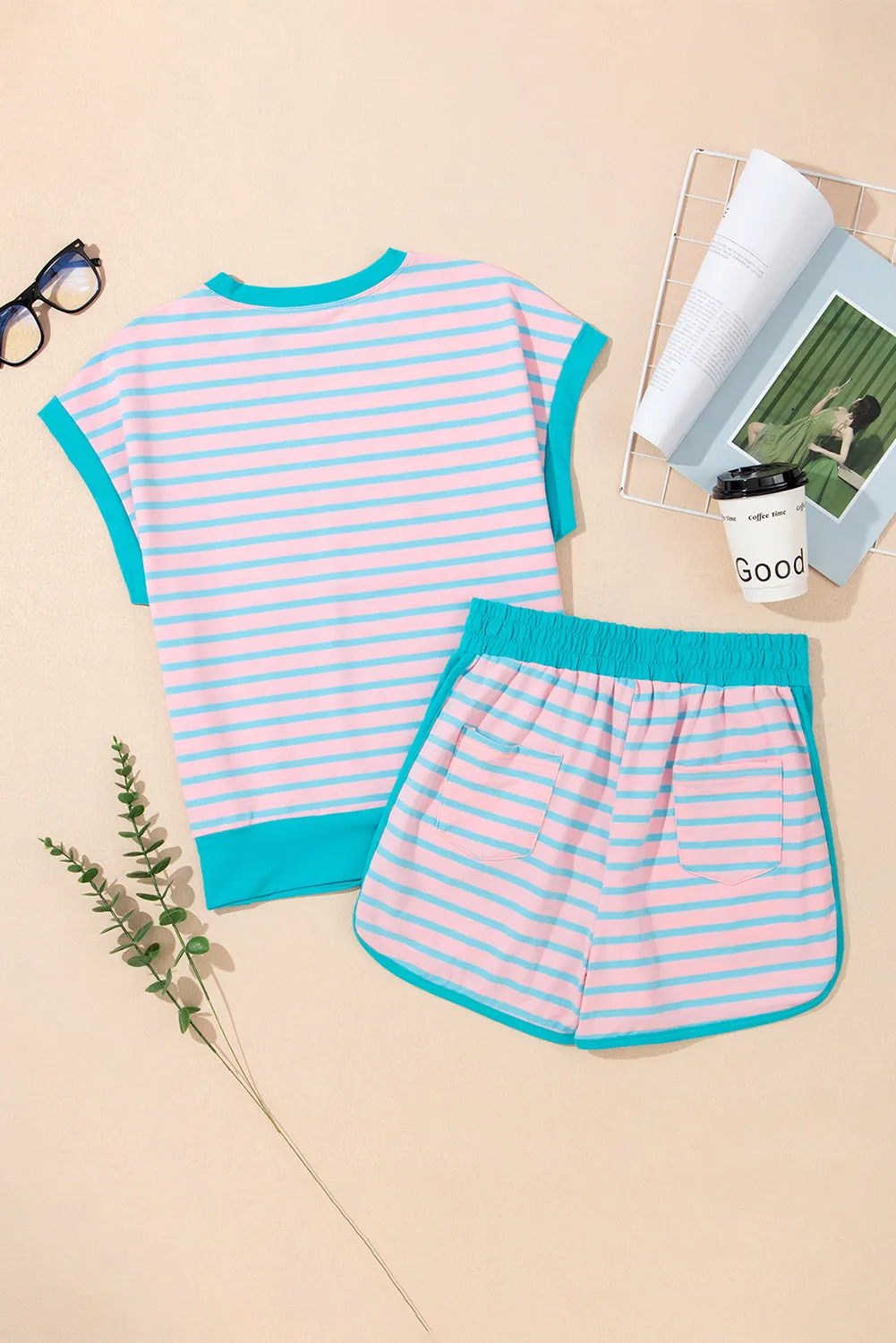Pink Stripe Color Block Loose Fit Two Piece Shorts Set sold by Beagle Boutique product image thumbnail 3