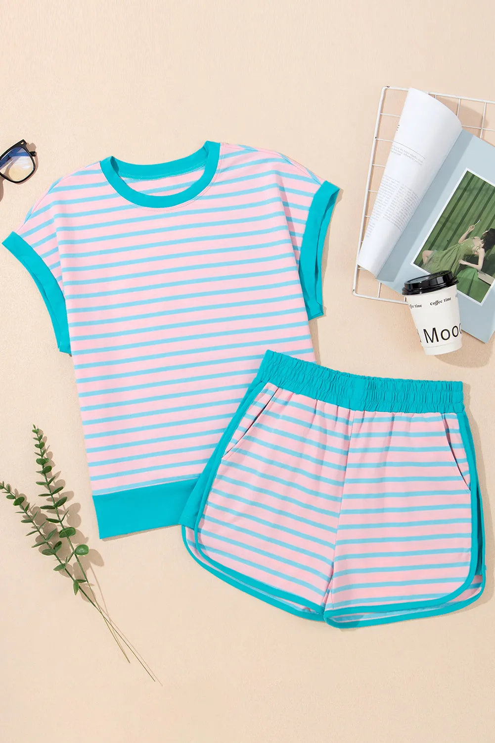 Pink Stripe Color Block Loose Fit Two Piece Shorts Set sold by Beagle Boutique product image thumbnail 2