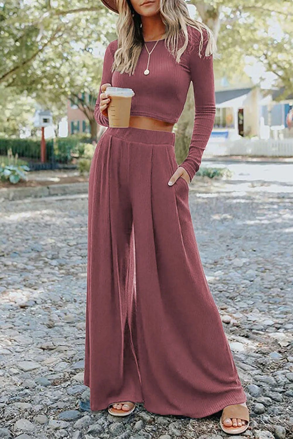Solid Colour Ribbed Crop Top Long Trousers Set sold by Beagle Boutique