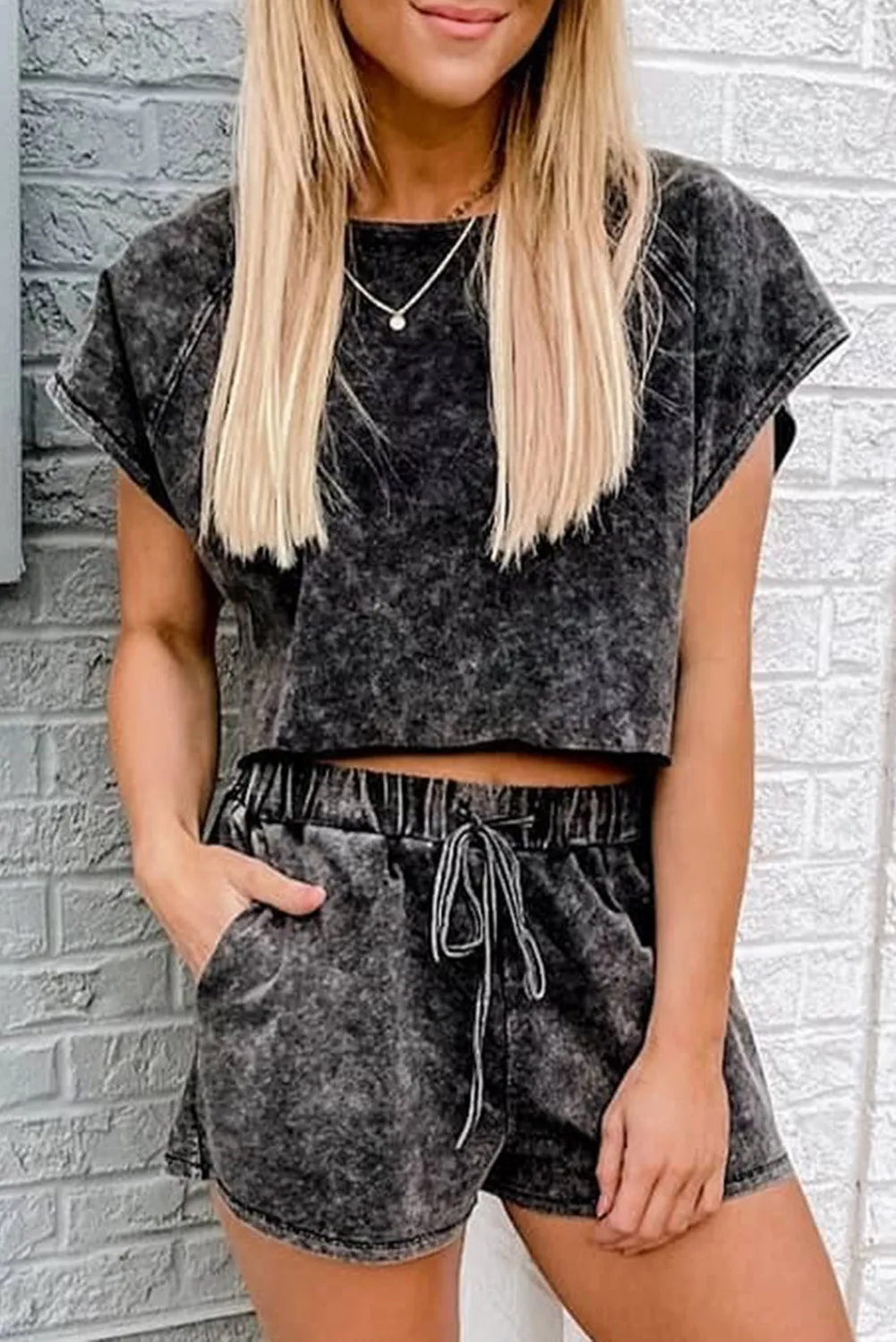 Black Acid Washed Short Lounge Set sold by Beagle Boutique