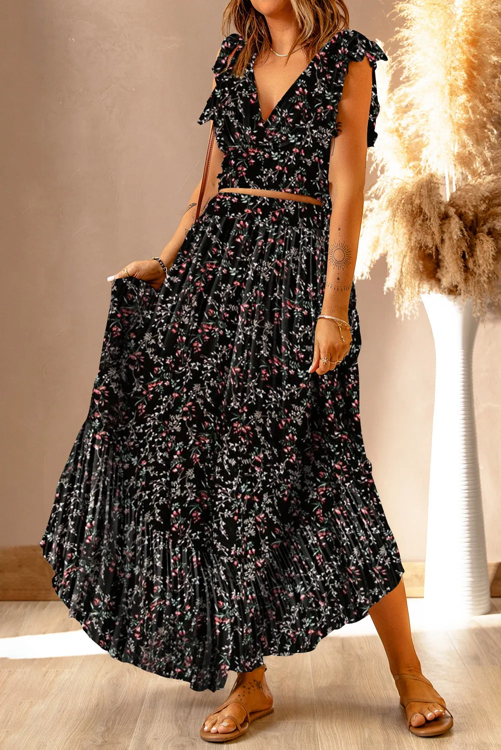 MultiColour Floral Ruffled Crop Top and Maxi Skirt Set sold by Beagle Boutique