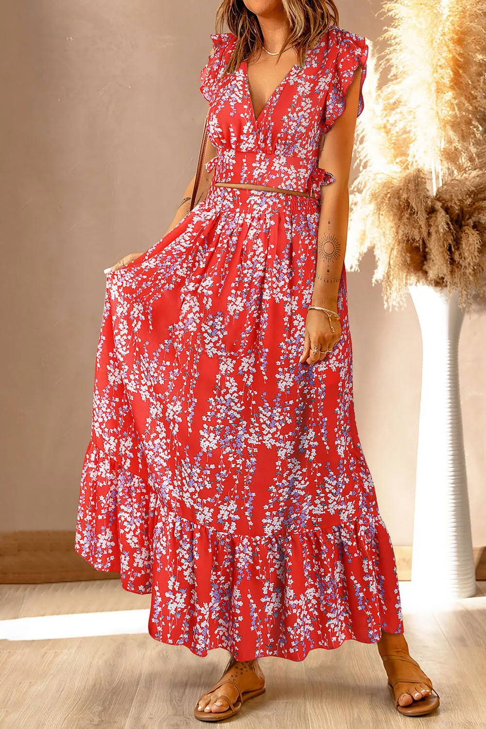 MultiColour Floral Ruffled Crop Top and Maxi Skirt Set sold by Beagle Boutique product image thumbnail 4