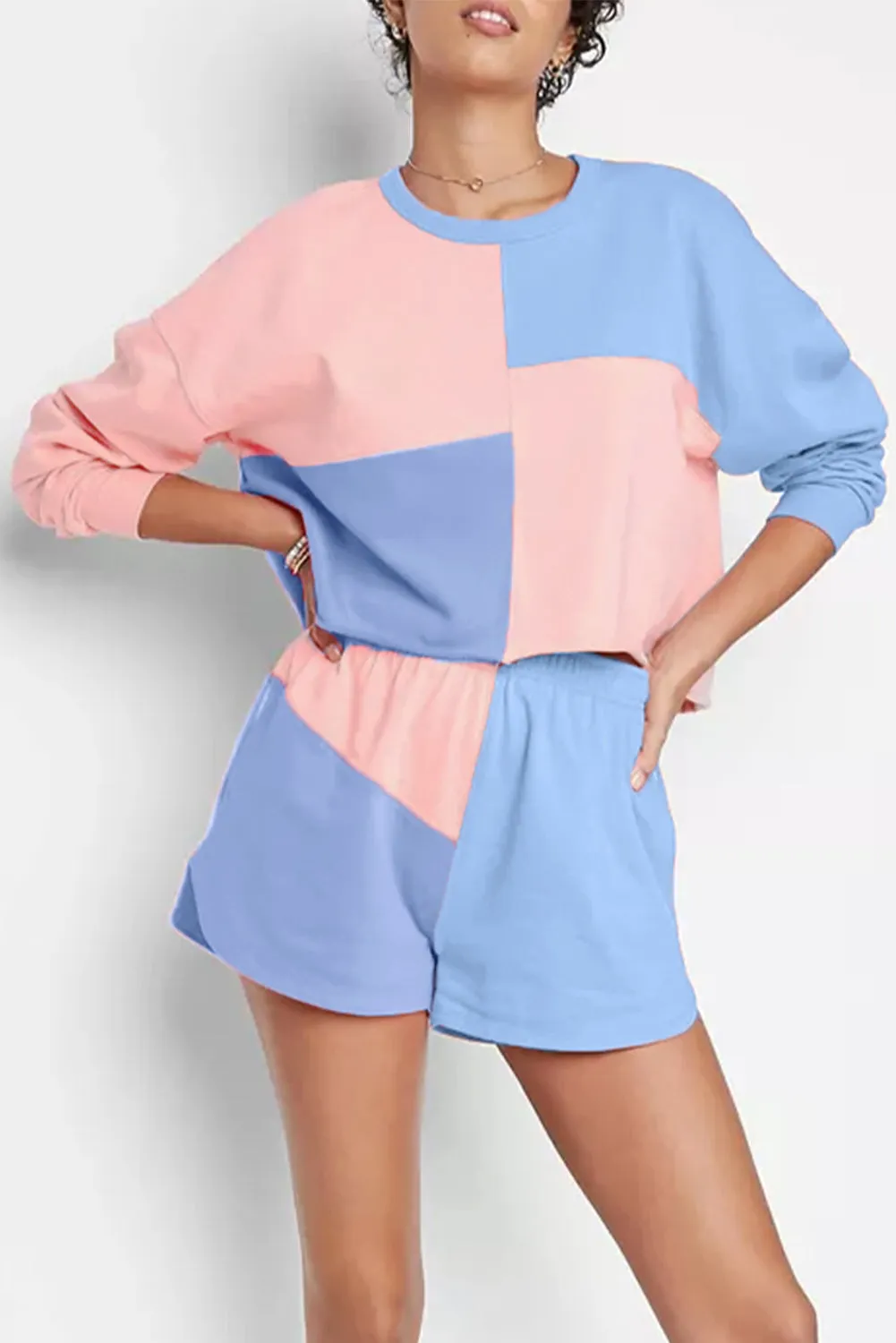Sky Blue Colorblock Patchwork Long Sleeve Shorts Outfit sold by Beagle Boutique