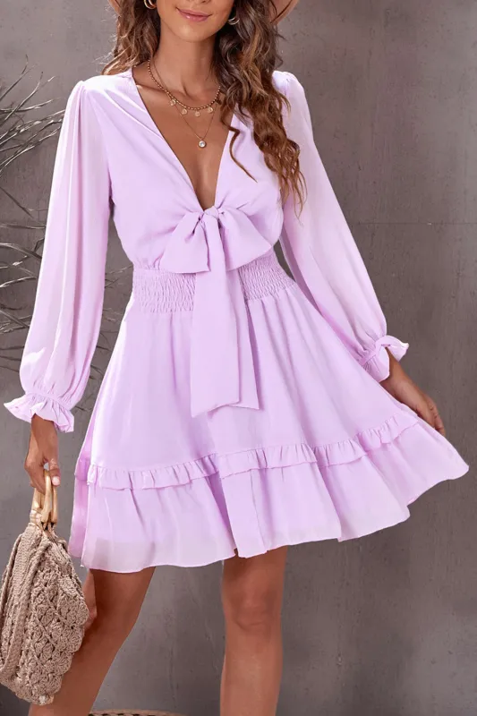 Deep V Neck Lantern Sleeve Knotted Tiered Mini Dress sold by Beagle Boutique