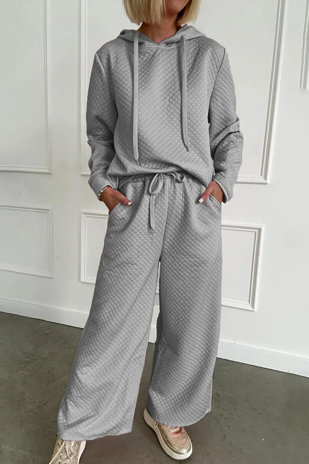 Grey Solid Colour Drawstring Hoodie and Wide Leg Trousers Set sold by Beagle Boutique